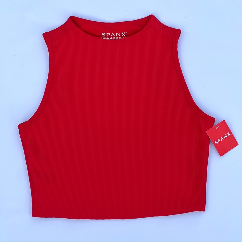 NWT SPANX Red Ribbed High-Neck Sleeveless Crop Top